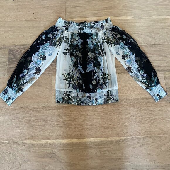Bebe Off Shoulder Sheer Multicolor Floral Top Size Medium - Picture 1 of 6